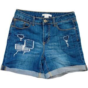 Cleo EVERYBODY High Rise Patch Rolled Hem Stretch Jean Shorts